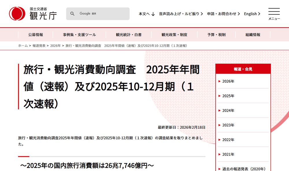 観光庁の報道発表「旅行・観光消費動向調査 2025年年間値（速報）及び2025年10-12月期（１次速報）」のファーストビュー