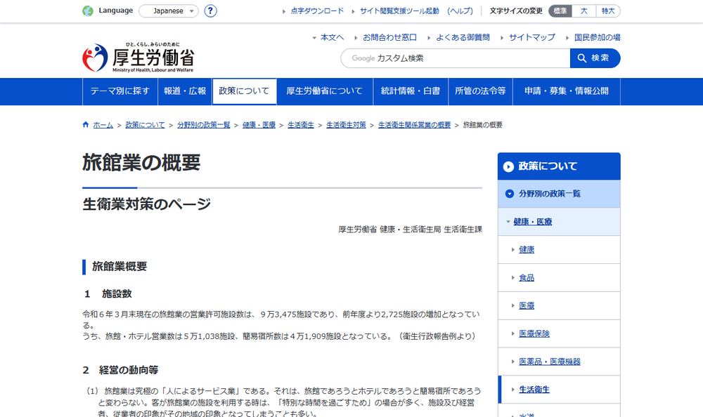 厚生労働省「旅館業の概要」のページのファーストビュー。旅館業の営業許可施設数が示されている