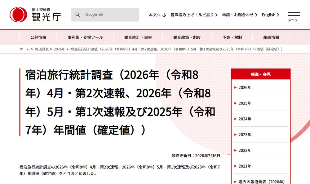 観光庁の報道発表「宿泊旅行統計調査（2026年4月・第2次速報、2026年5月・第1次速報及び2025年年間値（確定値））」のファーストビュー